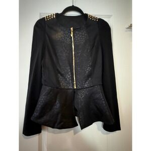 Mark by Avon Black Peplum Jacket Studded Shoulders Snakeskin Print Small